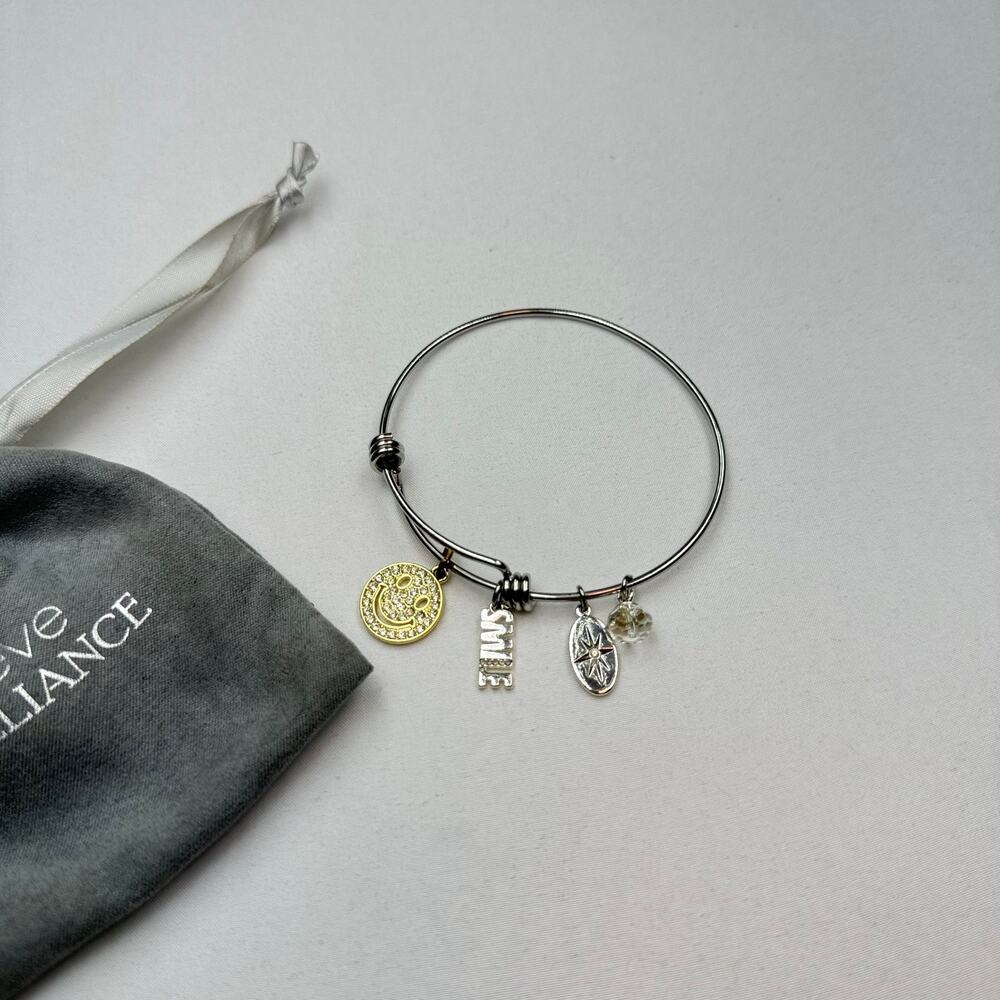 New Believe by Brilliance Charm Bangle Bracelet Smiley Face Smile Mixed Metal - Picture 2 of 5